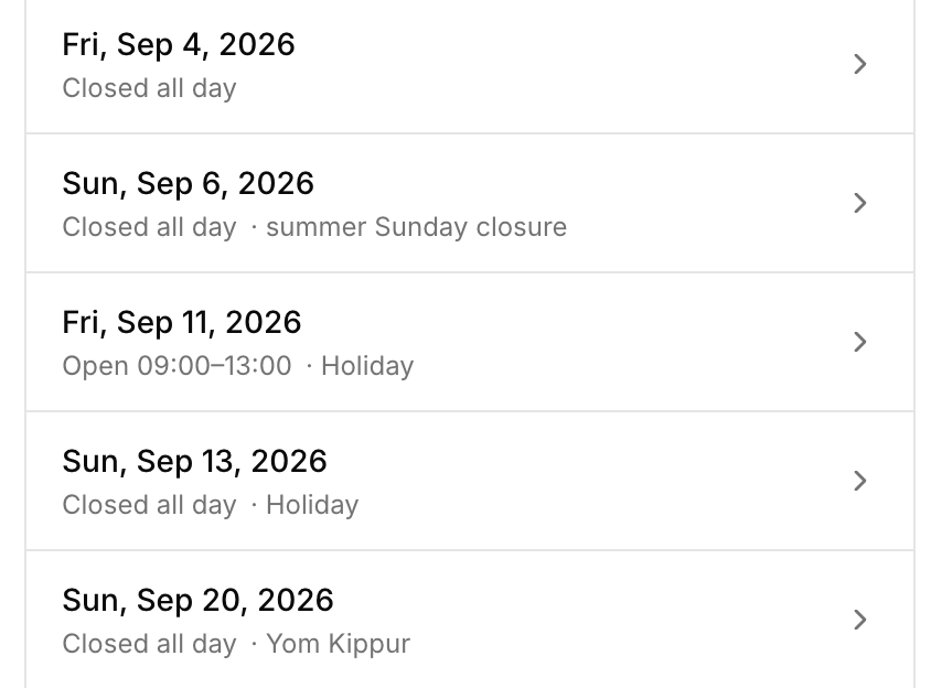 Upcoming closures on the Closed Days & Holidays page: all-day closures with reasons like Yom Kippur, and a special-hours day open 09:00–13:00.